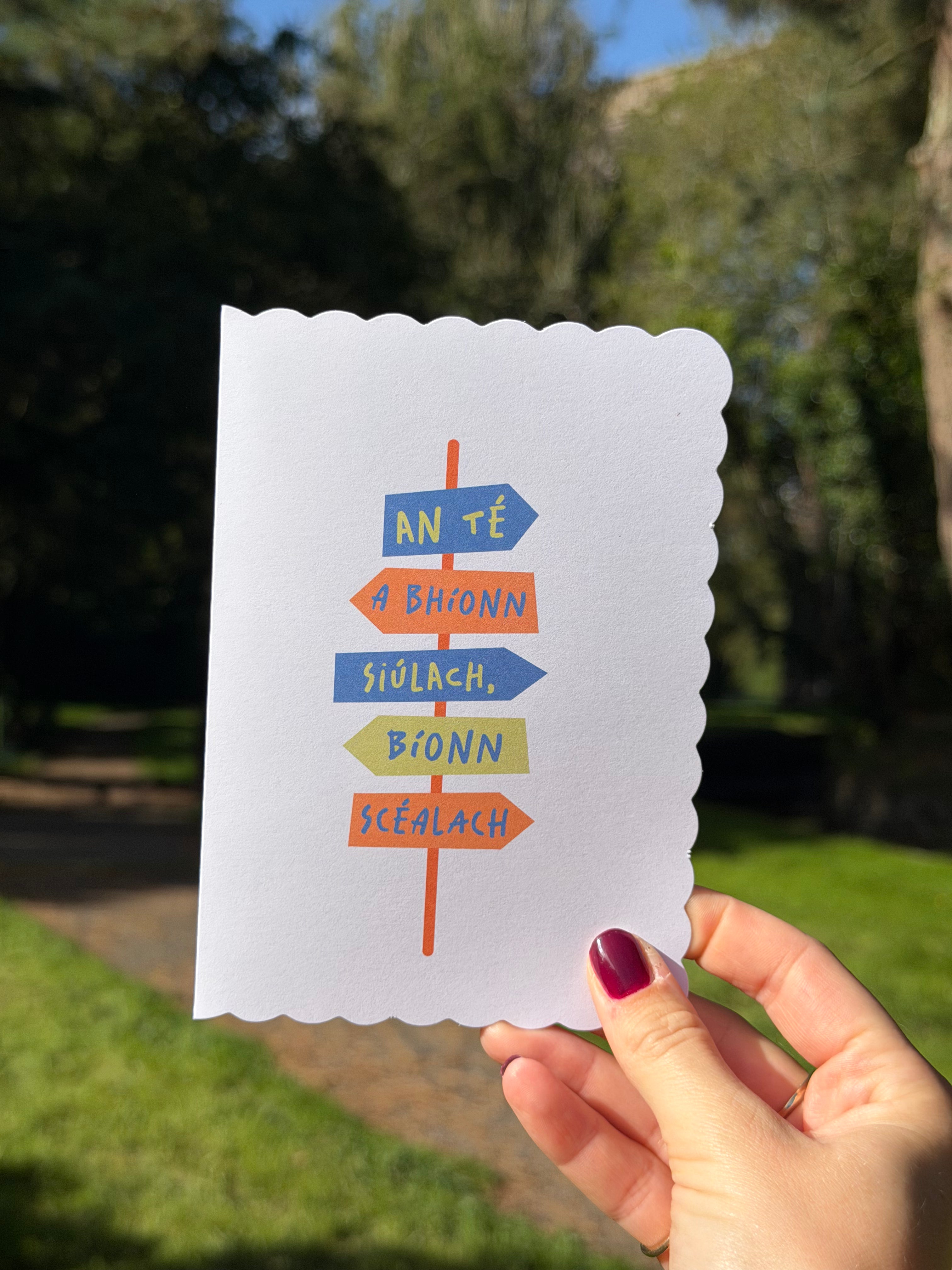 An té a bhíonn siúlach, bíonn scéalach | Good Luck On Your Travels | Irish Greeting Card
